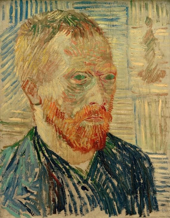 Vincent van Gogh, Selbstbildnis mit japanischem Holzschnitt (Selbstportrait, Bildnis, Persönlichkeiten, Dreiviertelportrait, Bart, Halbprofil, Holzschnitt,   Klassische Moderne, Impressionismus, Wohnzimmer, Treppenhaus, Wunschgröße, bunt)