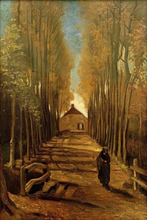 Vincent van Gogh, Pappelallee im Herbst (Allee, Weg, Spaziergängerin, Haus, Herbst, Jahreszeiten, Landschaft, Pappeln, Bäume,   Klassische Moderne, Impressionismus, Wohnzimmer, Treppenhaus, Wunschgröße, bunt)