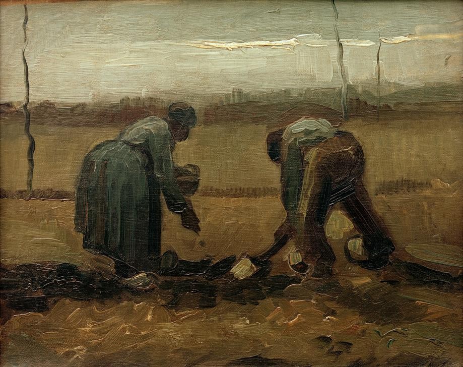 Vincent van Gogh, Kartoffelsetzen (Ackerbau, Feldarbeit, Bauern,  Menschen, Landwirtschaft, Landleben,  Kartoffelstecken, Landwirtschaft, Klassische Moderne, Impressionismus, Wohnzimmer, Treppenhaus, Wunschgröße, bunt)