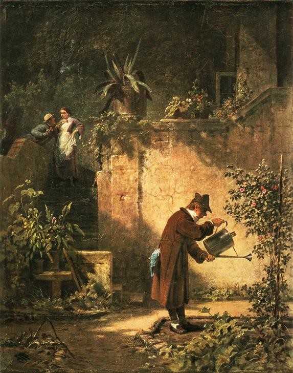 Carl Spitzweg, Der Gartenfreund (Botanik,Deutsche Kunst,Gärtner,Herrenmode,Mann,Mode,Rose,Biedermeier,Hausmantel,Hausgarten,Hobby,Agave,Topfpflanze,Rosarium,Giesskanne,Gartenarbeit,Rosenstock (Pflanze),Naturverbundenheit,Rosengarten,Giessen (Tätigkeit),Kübelpflanze,Garten)