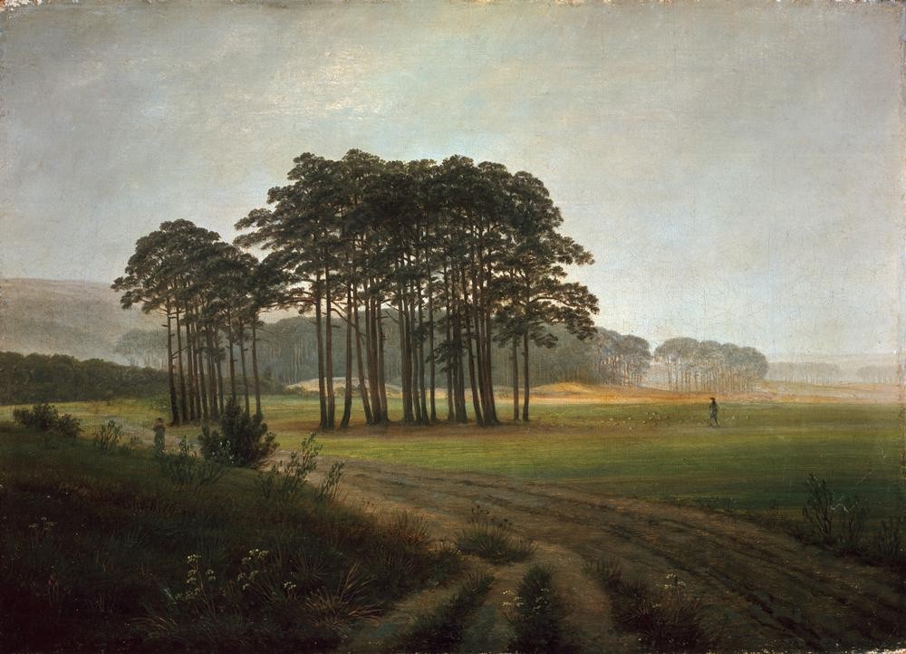 Caspar David Friedrich, Der Mittag (Botanik,Deutsche Kunst,Landschaft,Tageszeiten,Mittag,Kiefer (Baum),Baum,Feldweg,Romantik,Baumgruppe,Schäfer)