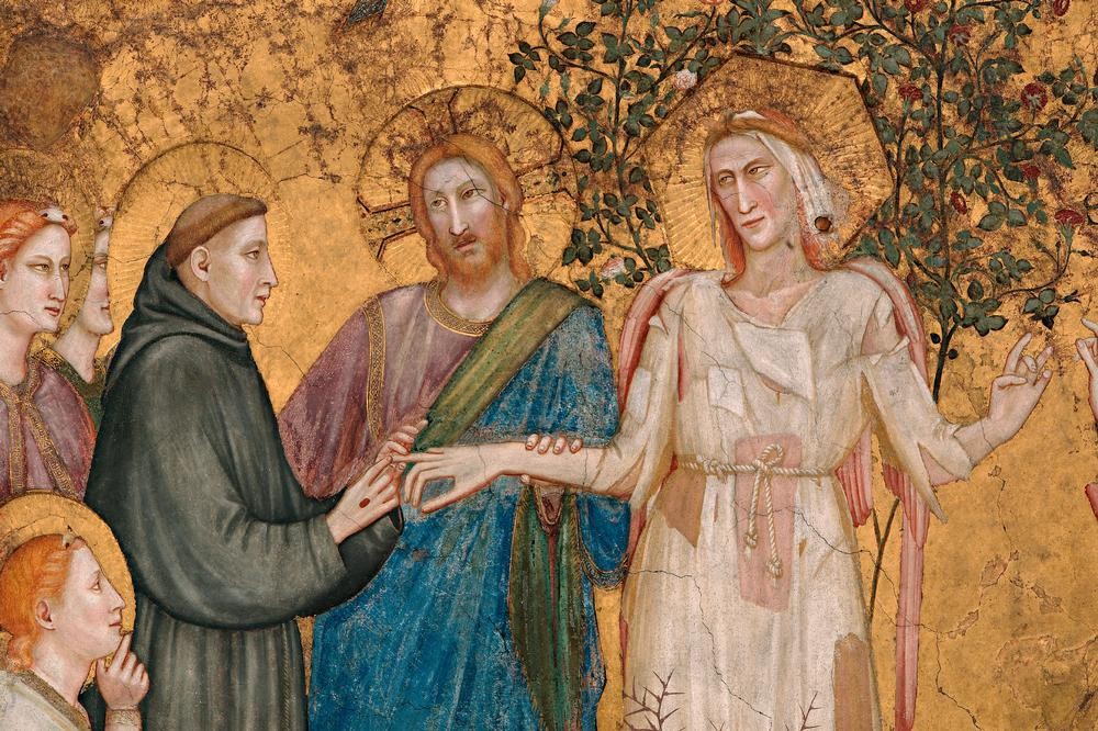 Giotto di Bondone, Die Allegorie der Armut (Armut,Christentum,Heilige,Hochzeit,Religion,Gotik,Allegorie,Tugend,Heiligenlegende,Italienische Kunst,Gewölbe,Vierung,Lumpen,Trauung,Personifizierung,Ausschnitt)