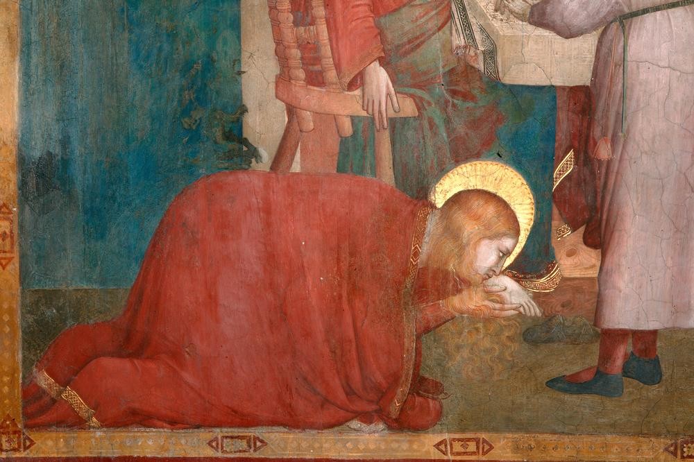 Giotto di Bondone, Christus und Maria Magdalena im Hause des Pharisäers (Christentum,Frau,Religion,Gotik,Neues Testament,Bibel,Fusskuss,Pharisäer,Italienische Kunst,Haare (Haar),Gastmahl Im Hause Simons,Abtrocknen,Leben Jesu)