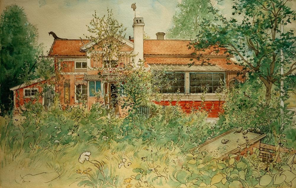 Carl Larsson, Die Hütte (Haus,Jugendstil,Kunst,Wohnhaus (Allgemein),Architekturdarstellung,Schwedische Kunst,Wildwuchs,Garten)