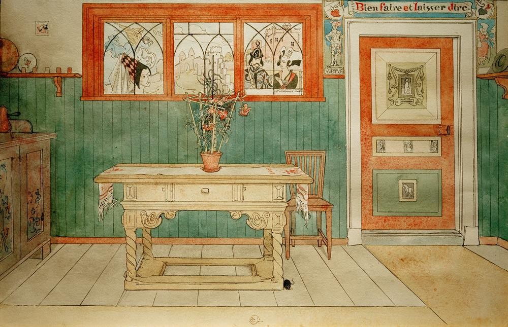 Carl Larsson, Das Eßzimmer (Architektur,Jugendstil,Möbel,Wohnhaus (Allgemein),Wohnung,Tisch,Interieur,Schwedische Kunst,Stuhl,Anrichte)
