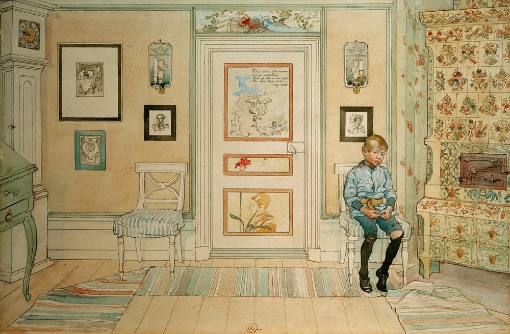 Carl Larsson, Die Strafecke (Jugendstil,Kind,Kunst,Strafe,Wohnhaus (Allgemein),Wohnung,Salon,Bild Im Bild,Kachelofen,Interieur,Schwedische Kunst,Knabe,Kinderleben,Skandinavische Kunst)
