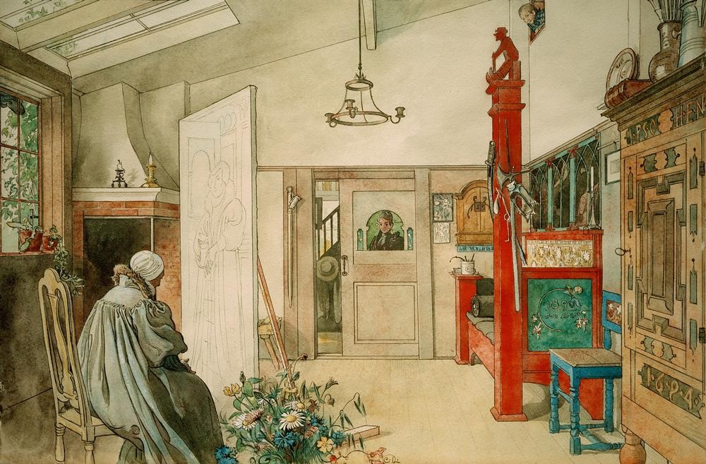 Carl Larsson, Die andere Hälfte des Ateliers (Atelier,Jugendstil,Künstler,Modell,Werkstatt (Allgemein),Staffelei,Interieur,Schwedische Kunst)