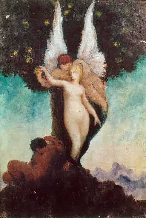 Gustave Moreau, Imaginäre Szene mit antikem Sujet. Geflügelter Ephebe mit w (Frau,Kunst,Liebespaar,Mythologie,Symbolismus,Akt,Baum,Jüngling,Französische Kunst,Ephebe,Flügel (Schwinge),Griechisch-Römische Mythologie)