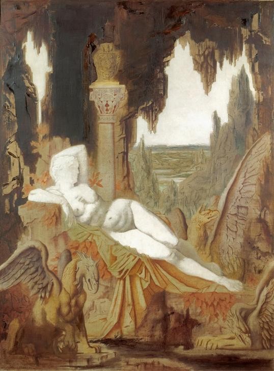 Gustave Moreau, Fée aux griffons (Frau,Mythologie,Kapitell,Säule,Symbolismus,Akt,Fabelwesen,Höhle,Fee,Französische Kunst,Greif,Zauberin,Volksglaube,Liegen,Unvollendet)