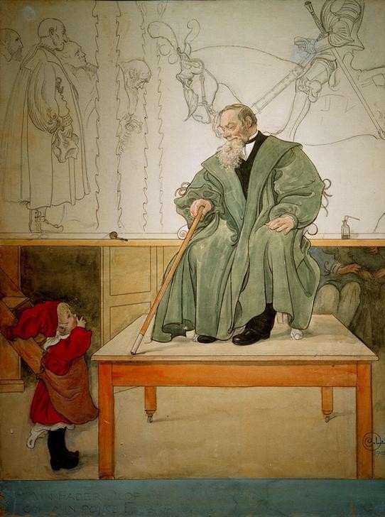 Carl Larsson, Großvater und Esbjörn (Atelier,Illustrator,Familie,Grossvater,Jugendstil,Kind,Lebensalter,Maler (Künstler),Modell,Alter,Bild Im Bild,Kleinkind,Enkelkind,Schürze,Schwedische Kunst,Zipfelmütze,Jugend Und Alter,Knabe,Familienleben,Alter Mann,Jahrhundertwende,Rot,Grössenvergleich,G)
