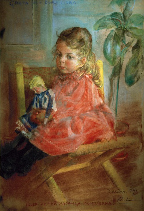 Carl Larsson, Greta und Dora-Nora (Jugendstil,Kindermode,Kind,Mädchen,Mensch,Mode,Puppe (Gegenstand),Spielzeug,Unglück,Kleinkind,Portrait,Augen,Halskrause,Schwedische Kunst,Klappstuhl,Kleid,Sitzen)
