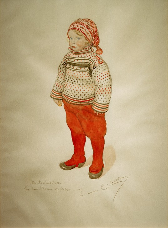 Carl Larsson, Matts Larsson (Jugendstil,Kindermode,Kind,Kopfbedeckung,Mensch,Volkskunde,Portrait,Gamaschen,Schwedische Kunst,Zipfelmütze,Knabe,Pullover,Ganzfigurig,Gemustert)