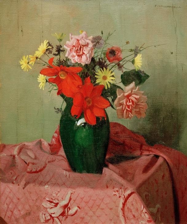 Felix Vallotton, Rosen und Dahlien (Botanik,Kunst,Rose,Stillleben,Tischtuch,Blumenstrauss,Französische Kunst,Schweizerische Kunst,Dahlie,Nabis,Blume,Rosa (Farbe))
