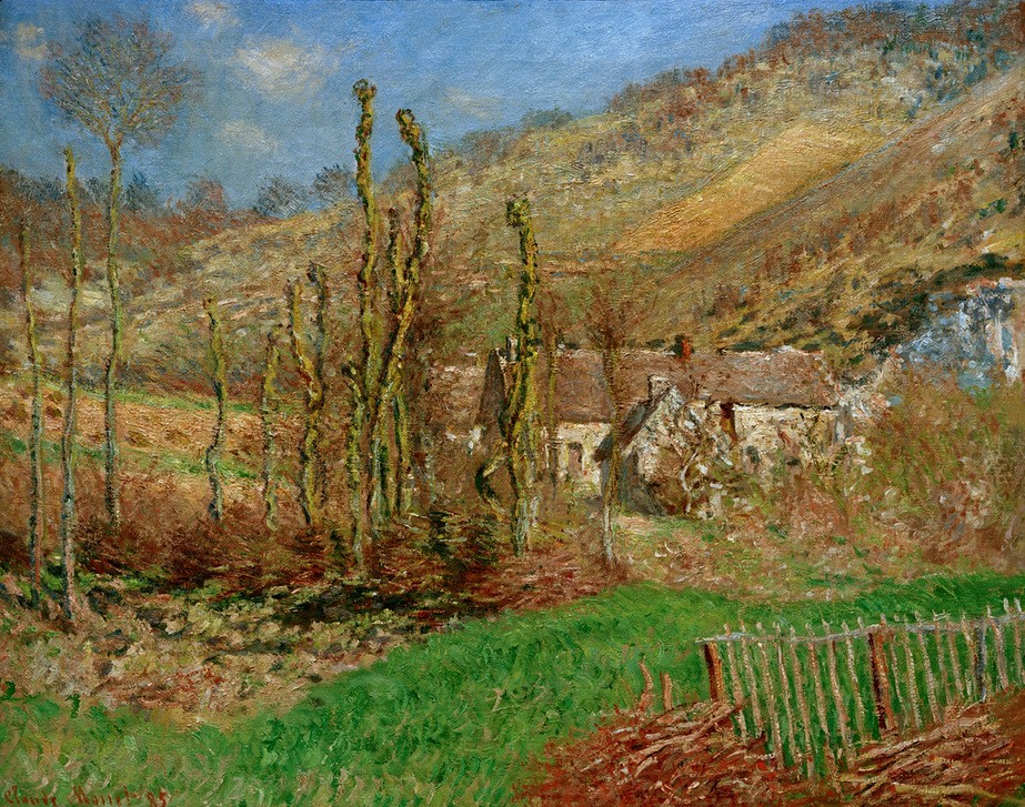 Claude Monet, Val de Falaise en hiver (Bauernhaus, Bauernhof, Dorf, Hügel, Jahreszeiten, Landschaft,  Zaun, Baum, Französische Kunst, Impressionismus, Wunschgröße, Wohnzimmer, Klassiker, Malerei, bunt)