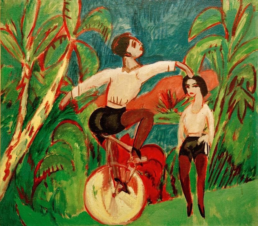 Ernst Ludwig Kirchner, Einradfahrer (Deutsche Kunst,Einrad,Fahrendes Volk,Fahrrad,Landschaft,Menschen Im Park,Variete (Entertainment),Verkehr,Expressionismus,Akrobat,Die Brücke,Gleichgewicht,Fahrradakrobat,Privatsammlung)