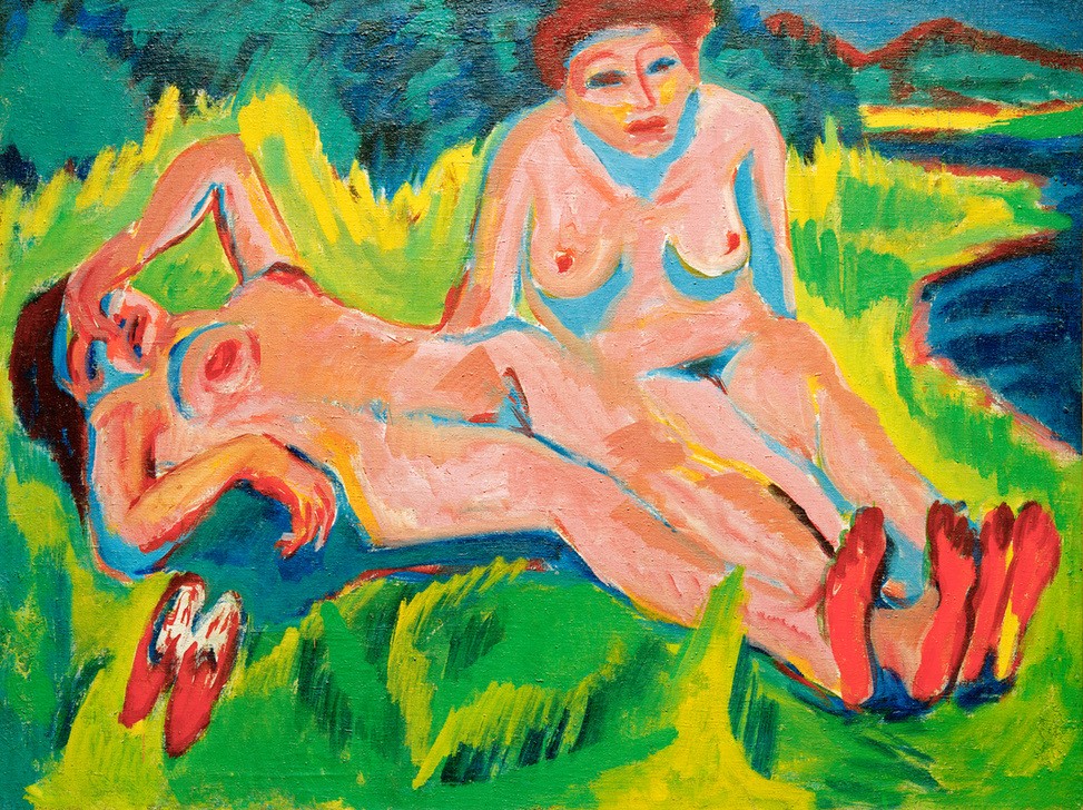 Ernst Ludwig Kirchner, Zwei rosa Akte am See (Körperpflege,Bad Im Freien,Bad,Frau,Kunst,Schuhe (Schuh),Akt,Expressionismus,Sonnenbad,Die Brücke,Fuss,Ufer,Doppelportrait,Privatsammlung)