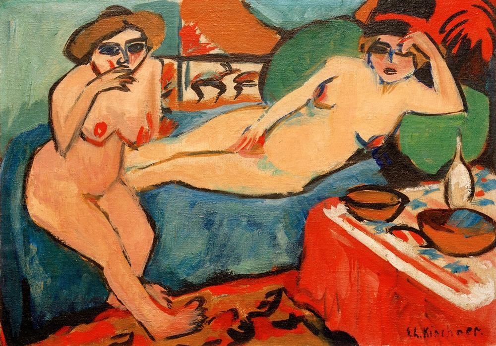 Ernst Ludwig Kirchner, Zwei Akte auf blauem Sofa (Bett,Deutsche Kunst,Frau,Kunst,Akt,Expressionismus,Interieur,Sofa,Die Brücke,Doppelportrait,Privatsammlung,Kopf Stützen)