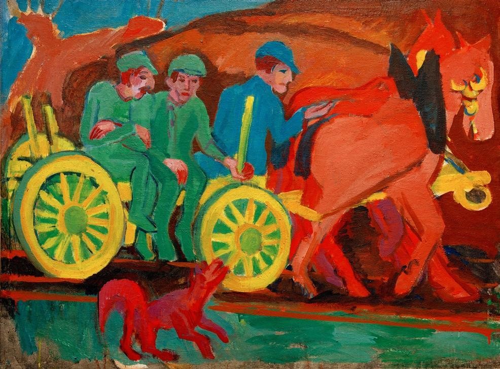 Ernst Ludwig Kirchner, Pferdegespann mit drei Bauern (Bauer (Landwirt),Deutsche Kunst,Gebirge,Kunst,Pferd (Tier),Pferdewagen,Volkskunde,Hund,Expressionismus,Die Brücke,Landleben,Landbevölkerung,Sitzen,Berg,Privatsammlung,Pferdegespann,Landwirtschaft,Unterhaltung (Gespräch))