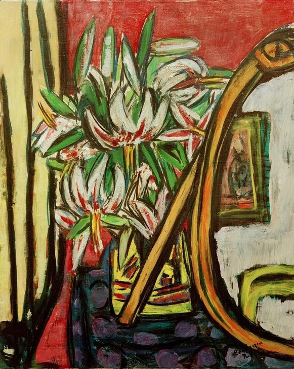 Max Beckmann, Stillleben mit Spiegel und Türkenbund (Stillleben, Blumenstrauß, Blüten, Blumen, Spiegel, Expressionismus, Klassische Moderne, Malerei, Wohnzimmer, Treppenhaus, Wunschgröße, bunt)