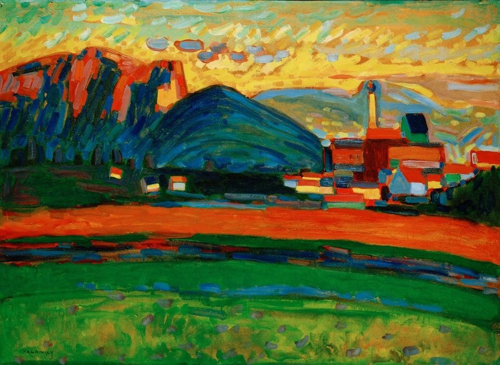 Wassily Kandinsky, Berglandschaft mit Dorf I (Dorf,Gebirge,Kunst,Landschaft,Expressionismus,Russische Kunst,Architekturdarstellung,Jahrhundertwende,Abstraktion,Berg,Privatsammlung)