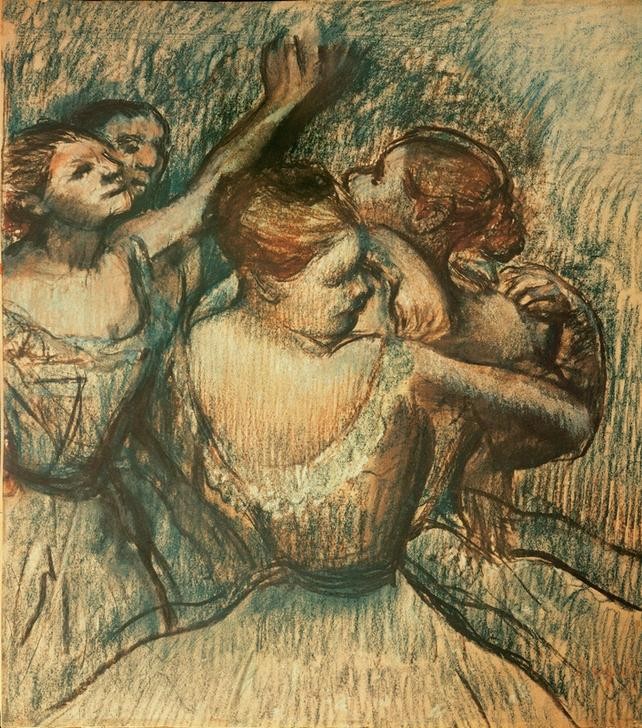 Edgar Degas, Vier Tänzerinnen in Halbfigur (Ballett,Kind,Tänzer,Tänzerin,Tanz,Theater,Impressionismus,Französische Kunst,Kleidung (Allgemein),Corps De Ballet,Jahrhundertwende,Tutu (Ballett))
