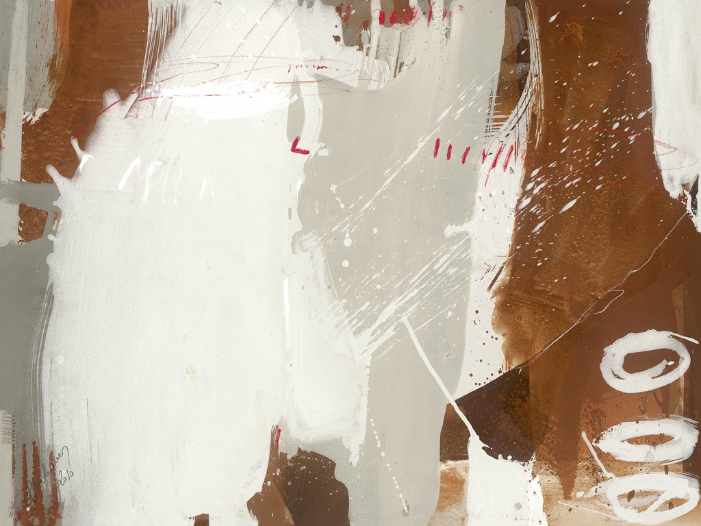 Gerhard Almbauer, Songo (Abstrakte Kunst, Malerei, Farbkomposition, modern, zeitgenössisch, Wohnzimmer, Treppenhaus, Büro, Business, braun/weiß)