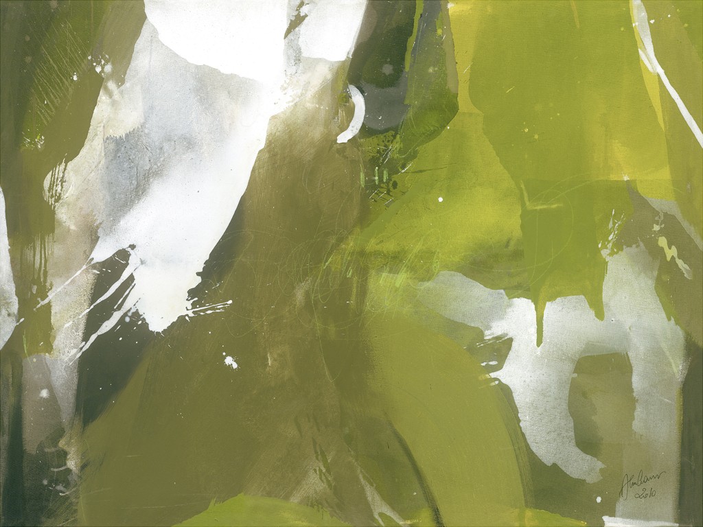Gerhard Almbauer, Zande (Abstrakte Kunst, Malerei, Farbkomposition, modern, zeitgenössisch, Wohnzimmer, Treppenhaus, Büro, Business, grün/weiß)