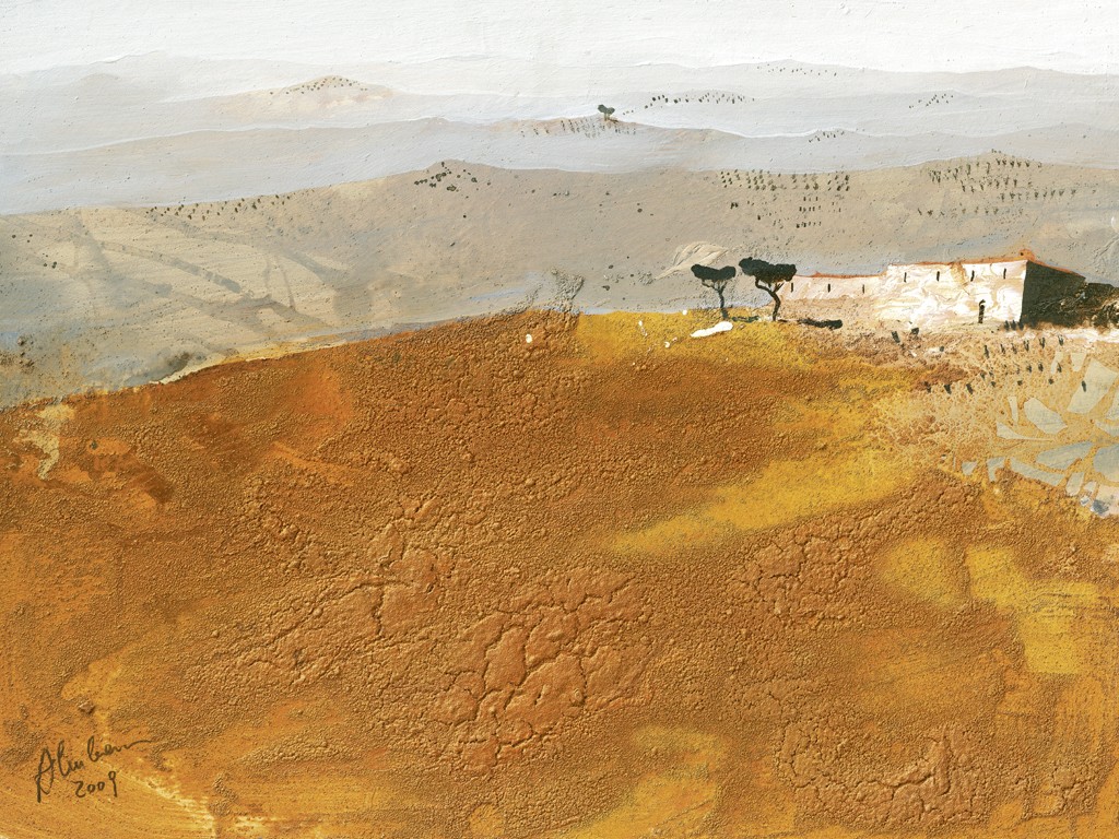 Gerhard Almbauer, Monte Igino (Landschaft,Villa, Berge, Italien, Umbrien, Abstrahiert, Malerei,  modern, zeitgenössisch, Wohnzimmer, Treppenhaus, Büro, Business, grau/gold)