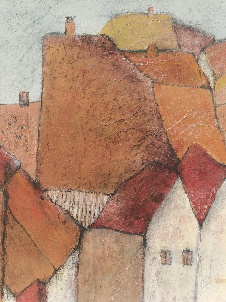 Inge Aug, Franche-Comté: Racine (Häuser, Ort, abstrahiert, geometrische Formen, modern, plakativ, zeitgenössisch, Wohnzimmer, Treppenhaus, orange/rot/grau)