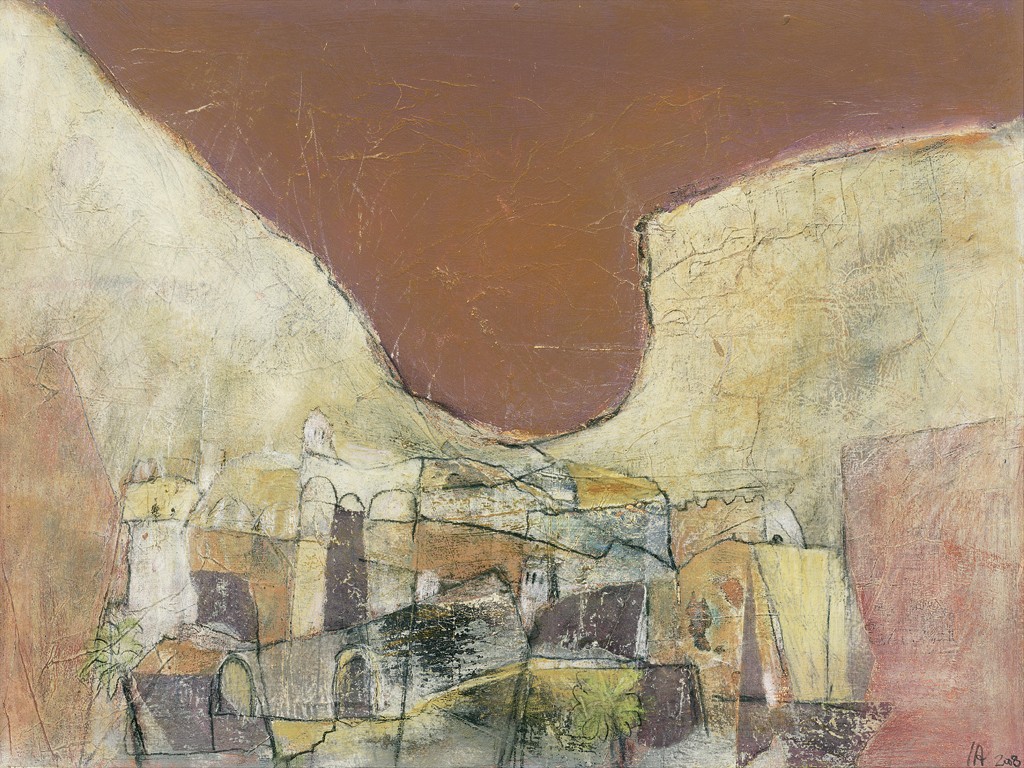 Inge Aug, Ghourds (Häuser, Ort, Tal, abstrahiert, geometrische Formen, modern, zeitgenössisch, Wohnzimmer, Treppenhaus, bunt)
