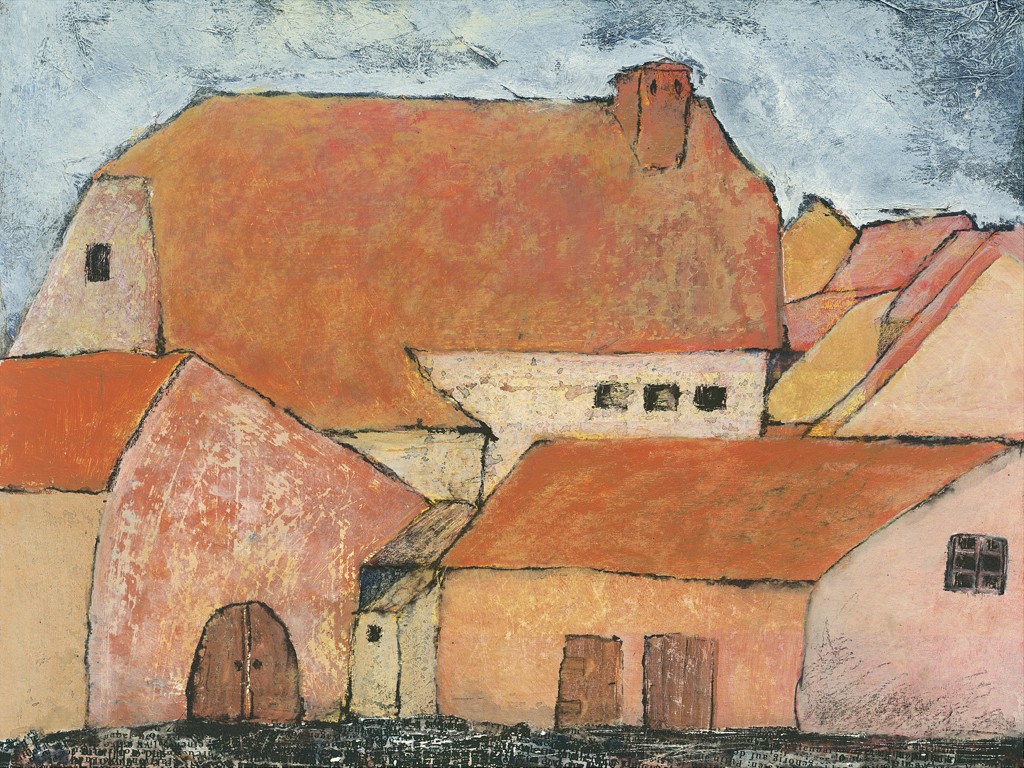 Inge Aug, Franche-Comté: Crans (Häuser, Ort, abstrahiert, geometrische Formen, modern, plakativ, zeitgenössisch, Wohnzimmer, Treppenhaus, orange/rot/grau)