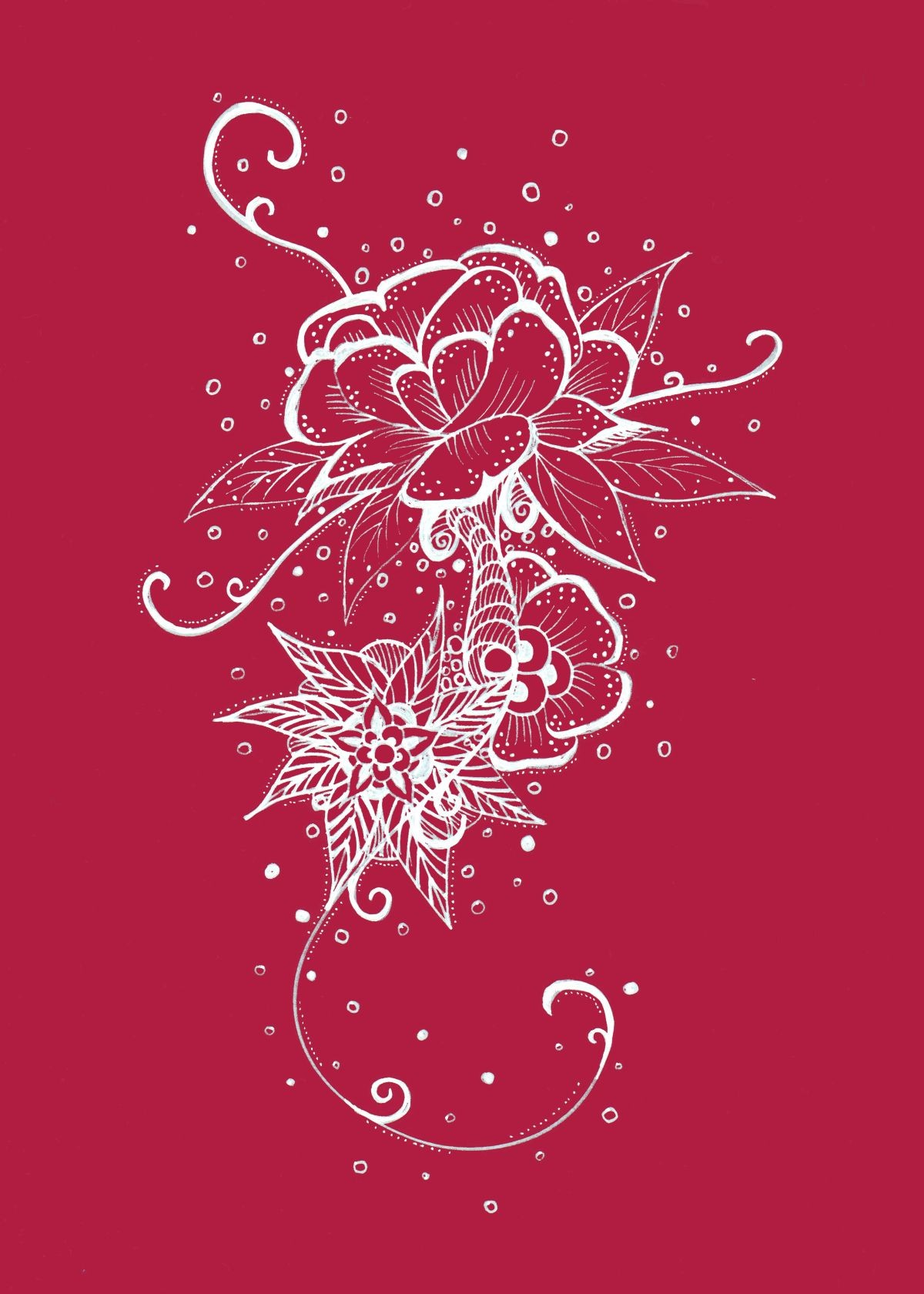 Konfiguration benutzen (Rose, Blume, Blüten, Blätter, Tattoo, Ornamente, florale Muster, Silhouette,  Wunschgröße, zeitgenössisch, Treppenhaus, Wohnzimmer, Jugendzimmer,rot/weiß)