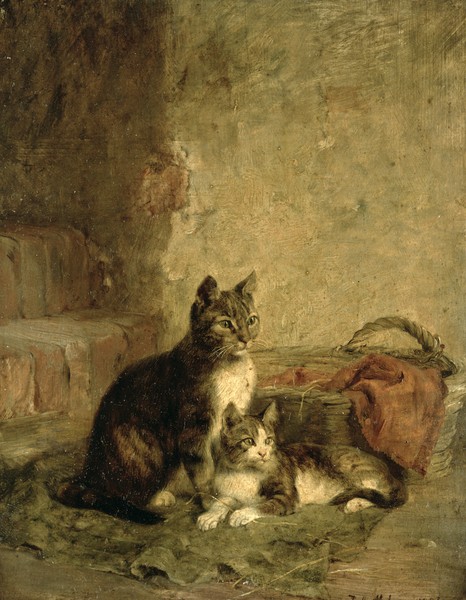 Julius Adam, Cats, 1883 (oil on canvas) (Katzen, Tiere, Haustiere, niedlich, romatisierend, Idylle, Nostalgie, Treppenhaus, Wohnzimmer, Esszimmer, Wunschgröße, Malerei,Kalssiker, bunt)