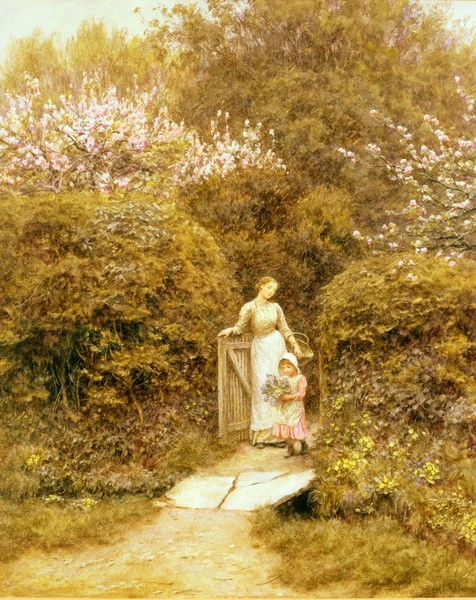 HELEN ALLINGHAM, At the Cottage Gate (w/c) (Genremalerei, Garten, ländlich, Mutter, Kind, Idylle, Harmonie, romantisierend, süßlich, Wohnzimmer, Wunschgröße, Malerei, bunt)