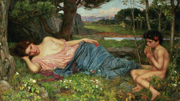 John William Waterhouse, Listen to my Sweet Pipings, 1911 (oil on canvas) (Liegende Frau, Pan, Panflöte, Musik, romantisch, Malerei, Mythologie, Fantasie, Märchen, Schönheit, Symbolismus, Klassiker, Präraffaeliten, Schlafzimmer, bunt)
