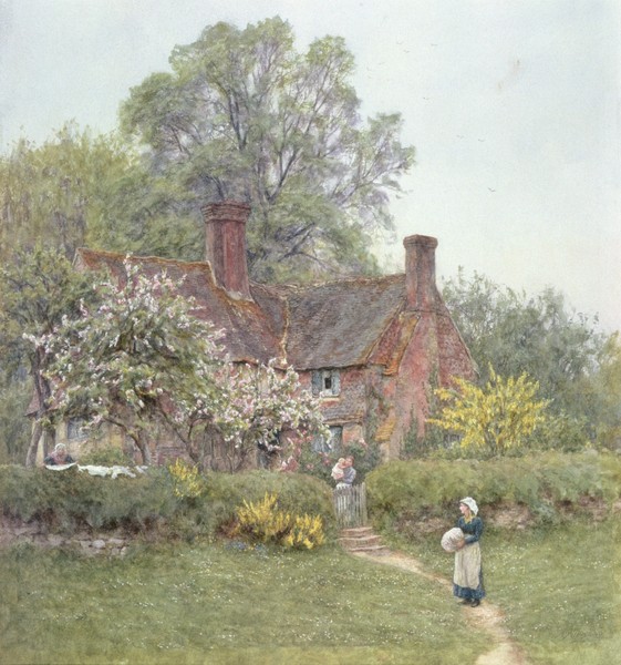 HELEN ALLINGHAM, Cottage at Chiddingfold (Genremalerei, Landschaft, Garten, Cottage, Bauernhof, ländlich, Mutter, Kind, Magd, Idylle, Harmonie, romantisierend, süßlich, Wohnzimmer, Wunschgröße, Malerei, bunt)