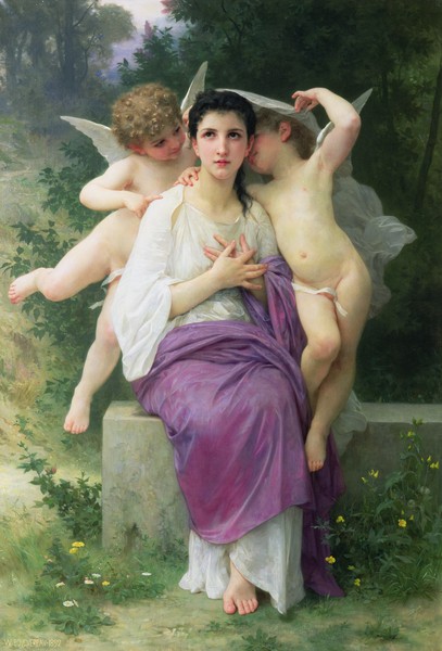 William-Adolphe Bouguereau, The Heart's Awakening, 1892 (oil on canvas) (Frau, Mädchen, jung, Cupidi, Amoretten, Engelchen, herzklopfen, Erwachendes Herz, Akademischer Klassizismus, Wohnzimmer, Wunschgröße, Malerei, bunt)