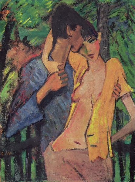 Otto Mueller, Lovers (The Artist and Irene Altmann) (Liebespaar, Liebende, Künstler, Schülerin, Park, intim, Brüste, Expressionismus, Malerei, Wunschgröße, Wohnzimmer, bunt)