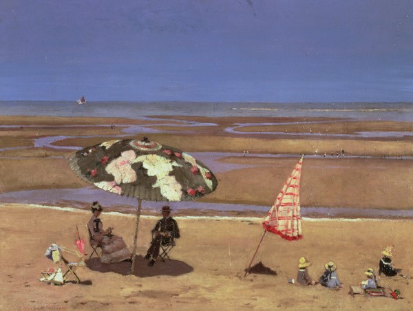 Etienne Moreau-Nelaton, The Beach (Strand, Meer, Sommer, Freizeit, Sonnenschirm, Familienszene, Kinder, Sand, Spiel, Horizont, Meeresbrise, Ebbe, Wohnzimmer, Wunschgröße, bunt)