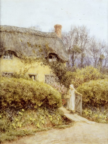 HELEN ALLINGHAM, Cottage near Freshwater (Genremalerei, Garten, Cottage, Bauernhof, ländlich, Frau, Idylle, Harmonie, romantisierend, süßlich, Wohnzimmer, Wunschgröße, Malerei, bunt)