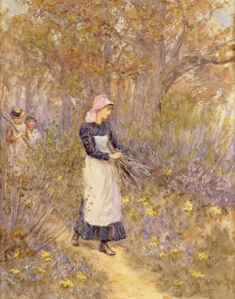 HELEN ALLINGHAM, Gathering wood for mother (Genremalerei, Garten, ländlich, Kinder, Holzsammler, Idylle, Harmonie, romantisierend, süßlich, Wohnzimmer, Wunschgröße, Malerei, bunt)