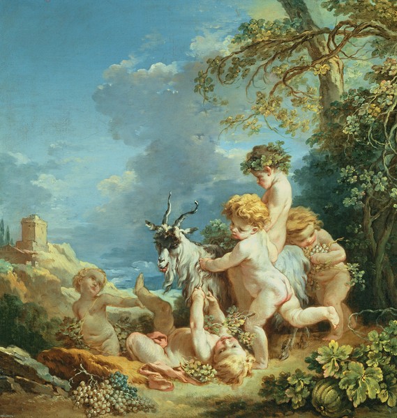 Francois Boucher, Autumn, 1731 (oil on canvas) (Putten, Kinder, Ziegenbock, ländlich, bäuerlich, Genre, idealisiert, Idylle, Herbst, Landschaft, Rokoko, Malerei, Klassiker, Wunschgröße, Wohnzimmer, Schlafzimmer, bunt)