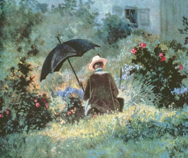 Carl Spitzweg, Detail of a Gentleman reading in a garden (Malerei, Klassiker, Garten, Mann, lesen, Sonnenschirm, Sommer, Blumen, Spätromantik, Wohnzimmer, bunt)