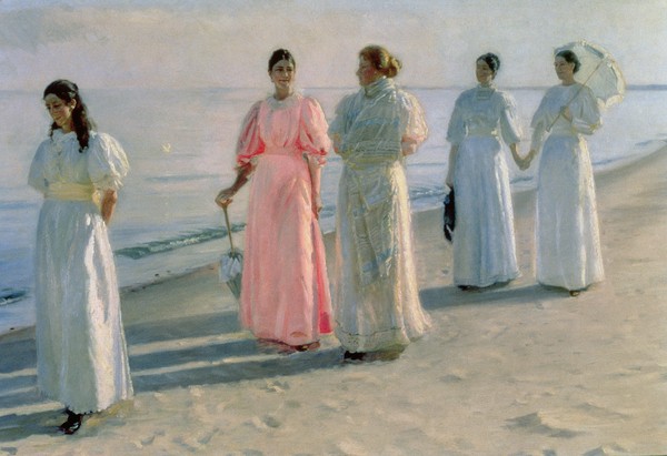 Michael Peter Ancher, Promenade on the Beach (Malerei, Impressionismus, Meeresbrise, Strand, Spaziergang, Strandspaziergang, Eleganz, Damen, Gespräch, Klassiker, Wohnzimmer, Schlafzimmer, Wunschgröße, bunt)