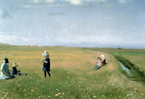 Michael Peter Ancher, Children and Young Girls picking Flowers in a meadow north of Skagen (Malerei, Impressionismus, Landschaft, Felder, Blumenwiese, Kinder, Blumen pflücken, Sommer, Idylle, Klassiker, Wohnzimmer,  Wunschgröße, bunt)