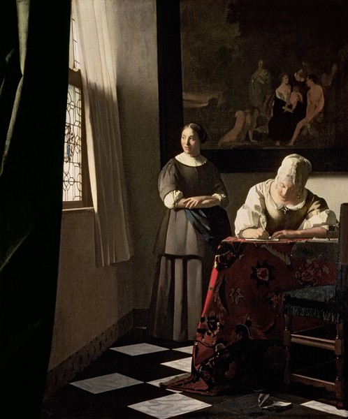 Jan Vermeer, Lady writing a letter with her Maid, c.1670 (oil on canvas) (Interieur, Zimmer, Einblick, Voyeur, Frau, Magd, Briefeschreiberin, Malerei, Wunschgröße, Barock, Niederlande, goldenes Zeitalter, Wohnzimmer, bunt)