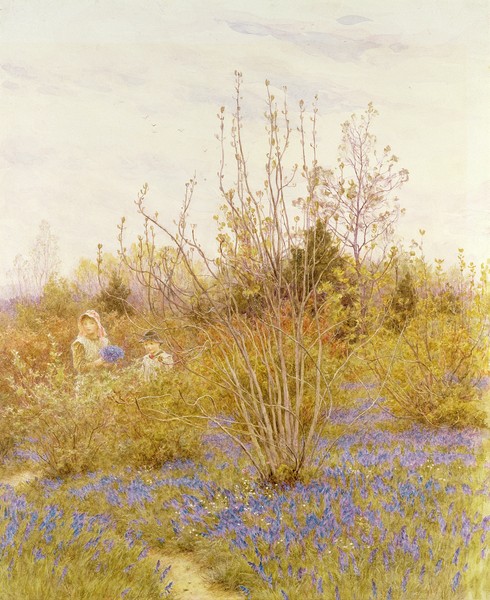 HELEN ALLINGHAM, The Cuckoo (Genremalerei, Landschaft, ländlich, Kinder, Blumen pflücken, Idylle, Harmonie, romantisierend, süßlich, Wohnzimmer, Wunschgröße, Malerei, bunt)