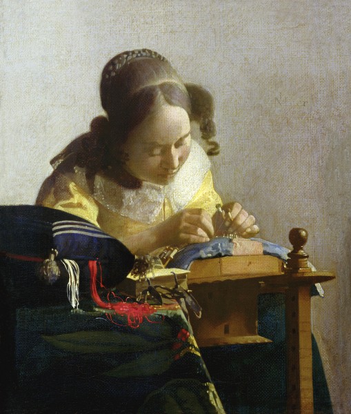 Jan Vermeer, The Lacemaker, 1669-70 (oil on canvas) (Interieur, Handarbeiten, Spitzenklöpplerin, junges Mädchen, Konzentration, Malerei, Wunschgröße, Barock, Niederlande, goldenes Zeitalter, Wohnzimmer, bunt)