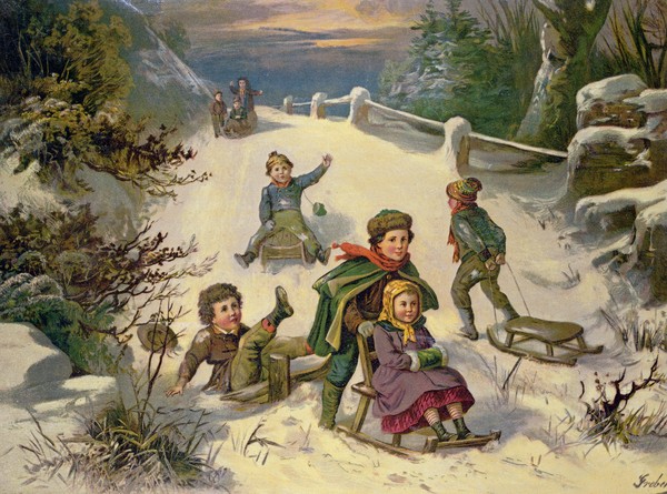 Greben, Sledging & Snowballing, 19th century (Oleograph) (Schlittenfahrt, Kinder, spielen, Schneeballschlacht, Winter, Spaß, fröhlich, Nostalgie, Öldruck, Klassiker, romantisch, Wohnzimmer, Wunschgröße, bunt)