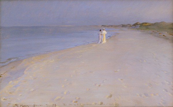 Peder Severin Kroyer, Summer evening at the South Beach, Skagen, 1893 (oil on canvas) (Klassiker, Malerei, Impressionismus, Norwegen, Meer, Strand, Sommerabend, Frauen, Spaziergang, Wohnzimmer, Arztpraxis, Wunschgröße, blau / beige)